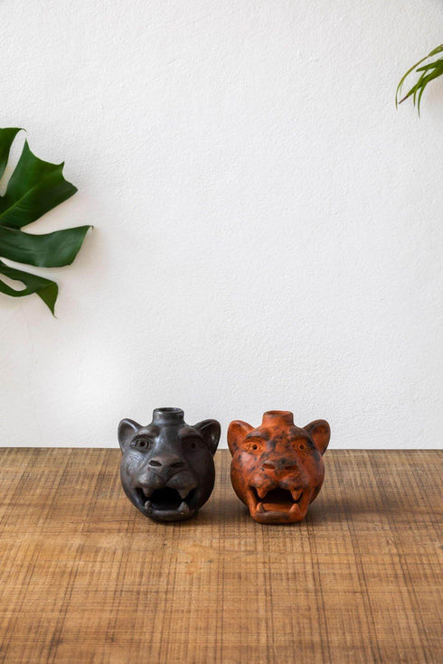 Jaguar Head Clay Candle Holder | Smoked Brick